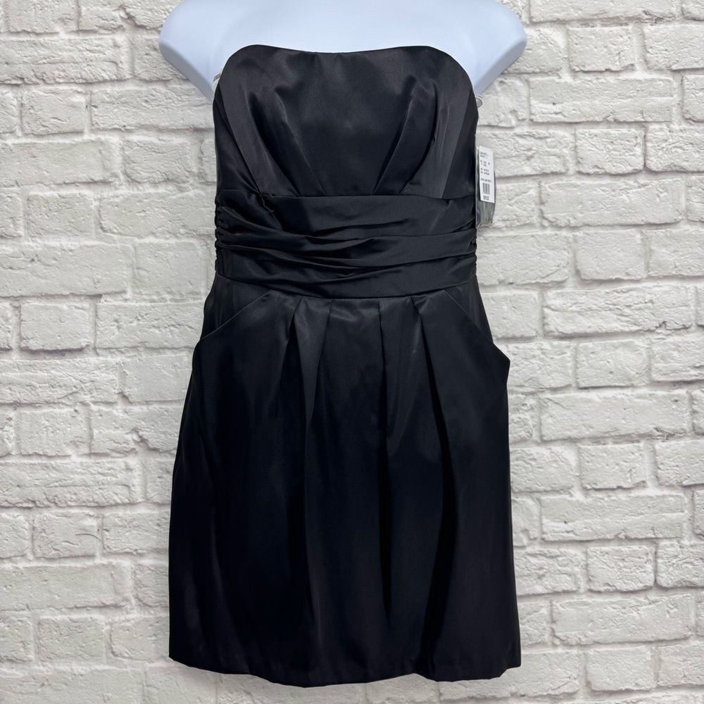 NWT David's Bridal Black Satin Strapless Dress #83707 Size 14 Pockets Mini